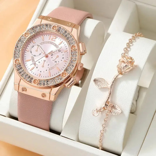 Conjunto de Relógios de Luxo com Pedrarias para Mulheres Fashion, Elegante Relógio de Pulso de Quartzo para Meninas, Senhoras, Relógio de Pulso Feminino