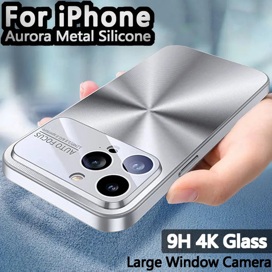 Capa Original de Metal Aurora para Capa de Silicone Apple iPhone 15 14 Plus 11 12 13 Pro Max Protetor de Câmera de Vidro 9H 4K com Janela Grande